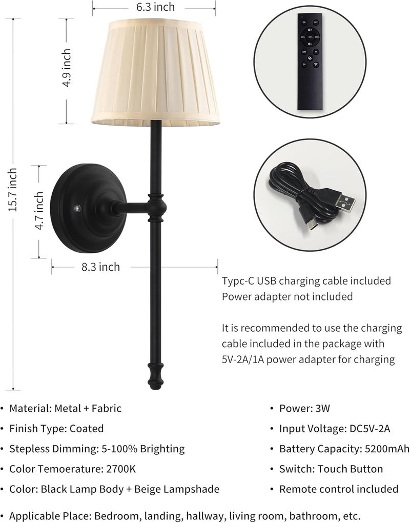 KDG Cordless Wall Sconces Set of 2, Small Wireless 5200mAh Rechargeable Battery Fabric LED Wall Lamps, Portables Lightings for Wall Painting, Living Room, Bedroom, Hallway, Gifts, Night Light (Black) - Image 5